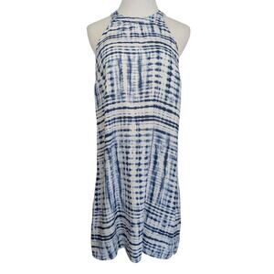 Cynthia Rowley Small Dress 100% Linen Blue White Womens Shift Halter Tie Dye